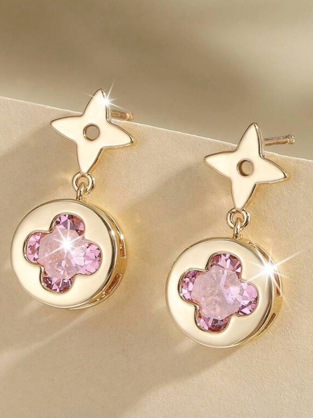 NEW Designer-Style Gold-tone Drop Earrings *Powder Pink* CZ Blossom Flower
